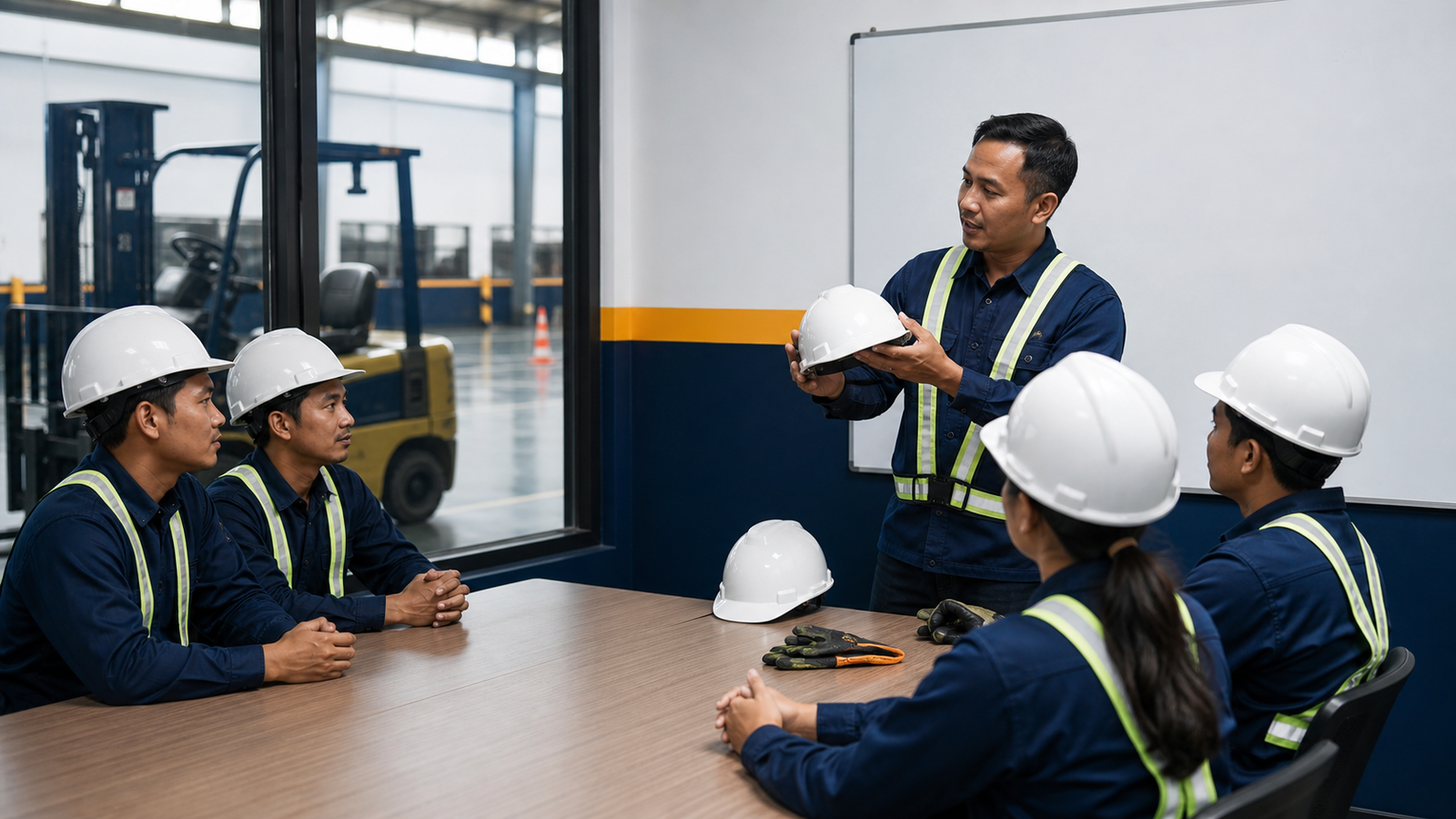 Instruktur Indonesia memberikan briefing keselamatan kepada peserta pelatihan forklift