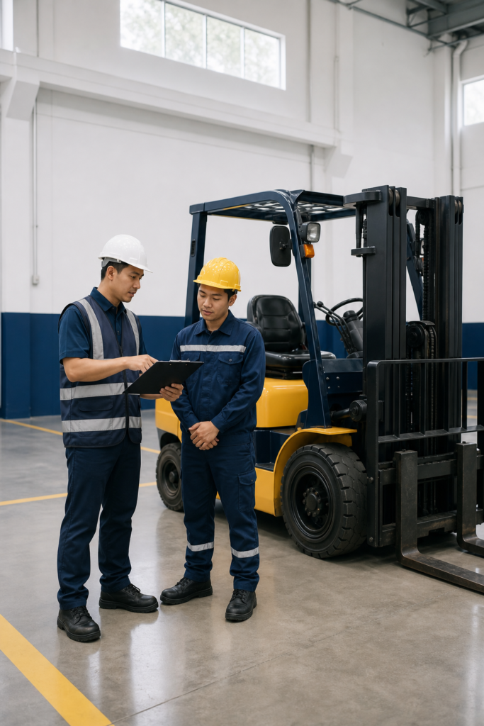 Instruktur dan peserta Indonesia berdiskusi tentang keselamatan forklift di fasilitas pelatihan Bekasi