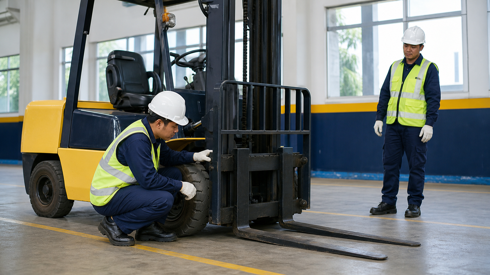 Peserta Indonesia memeriksa kondisi forklift sebelum praktik