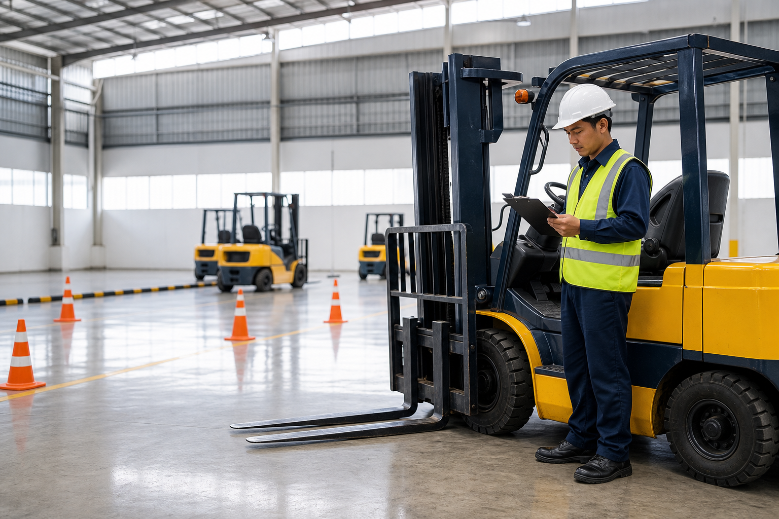 Peserta pemula memeriksa forklift di area pelatihan