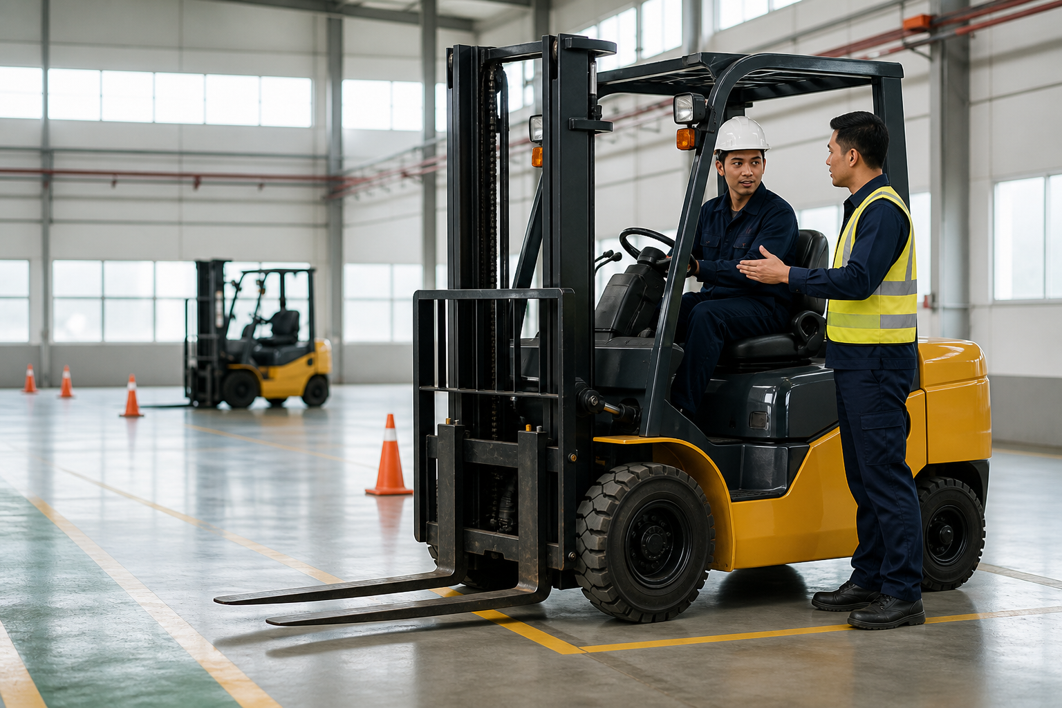 Instruktur memberi arahan kepada operator di dalam forklift