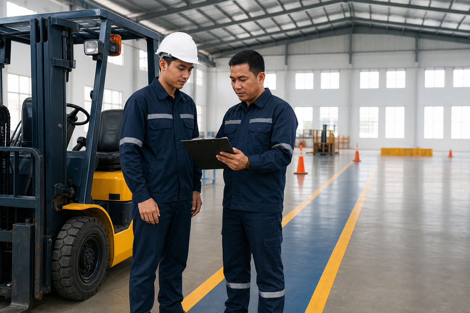 Instruktur mendampingi calon operator saat asesmen forklift