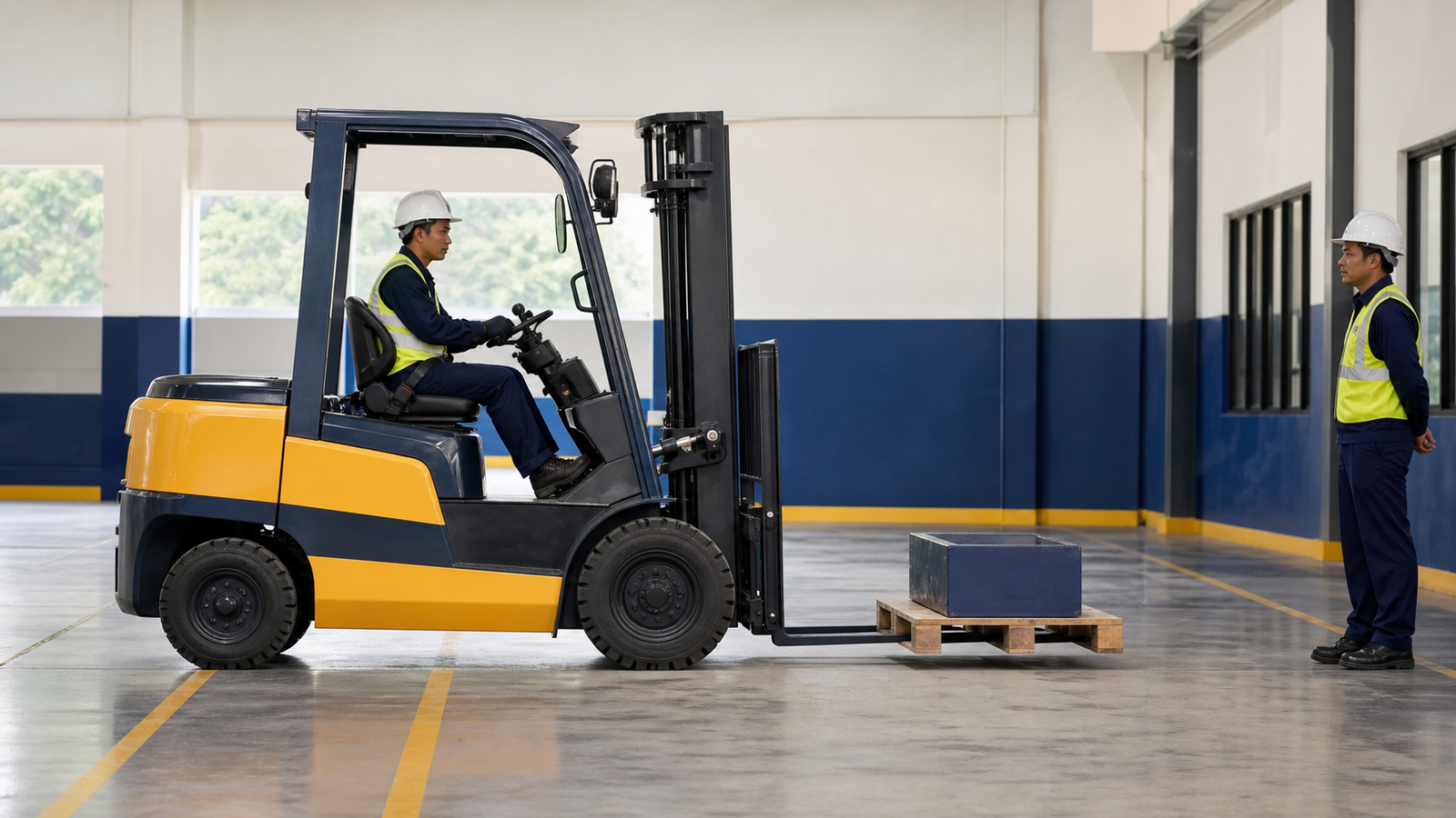Peserta Indonesia berlatih manuver forklift di area pelatihan yang aman