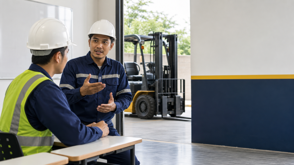 Instruktur memberikan briefing keselamatan kepada peserta pelatihan forklift