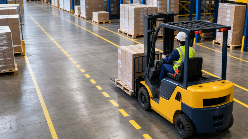 Operator forklift memakai alat pelindung diri dan sabuk pengaman di jalur gudang